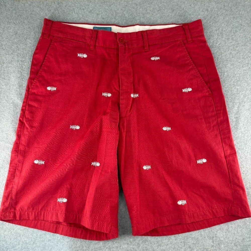 Castaway Nantucket‎ Island Mens Red Embroidered Fish Bone Shorts Size 34 Cotton